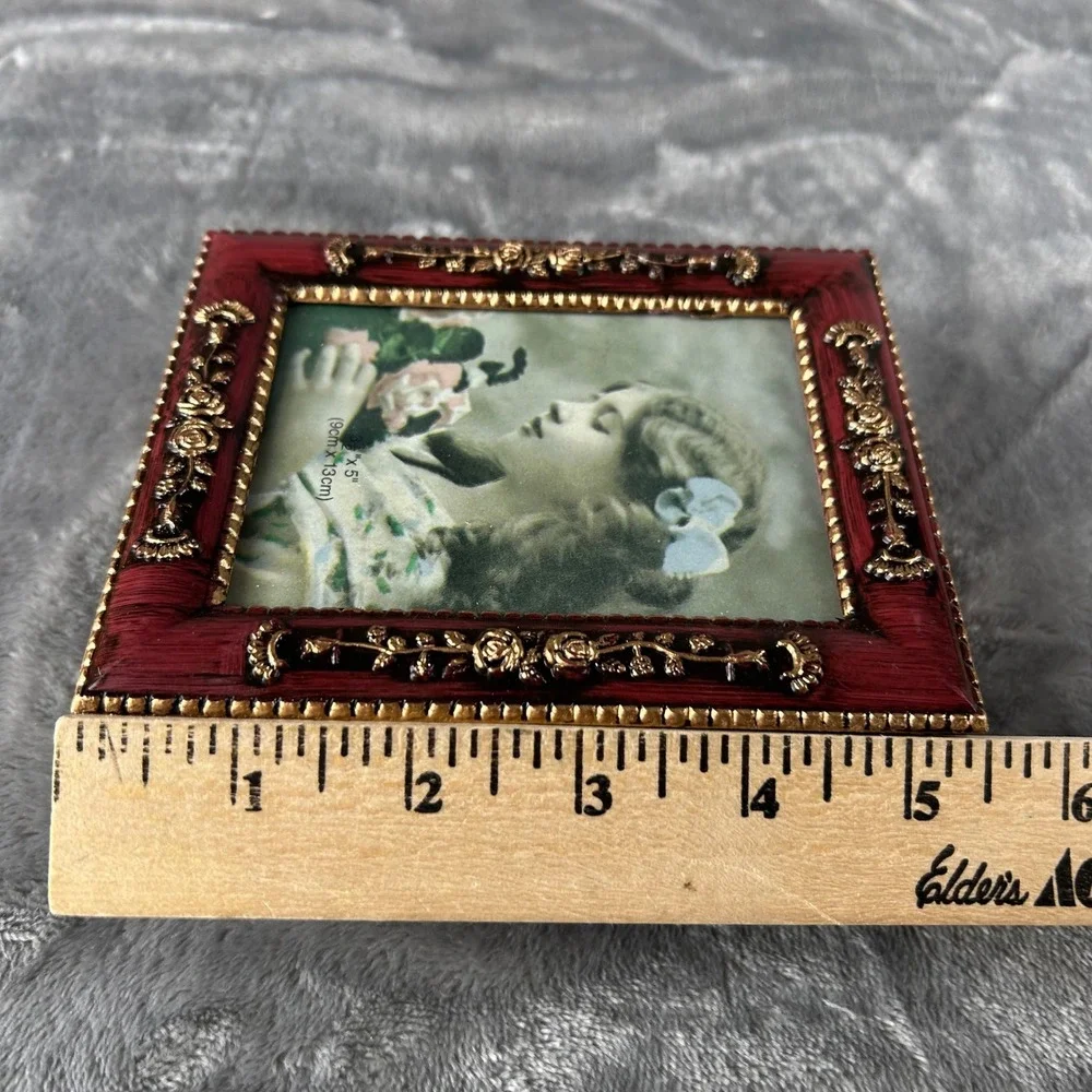 Vintage Style Red Gold Floral Jewelry Box Picture Frame Lid Keepsake Trinket Box